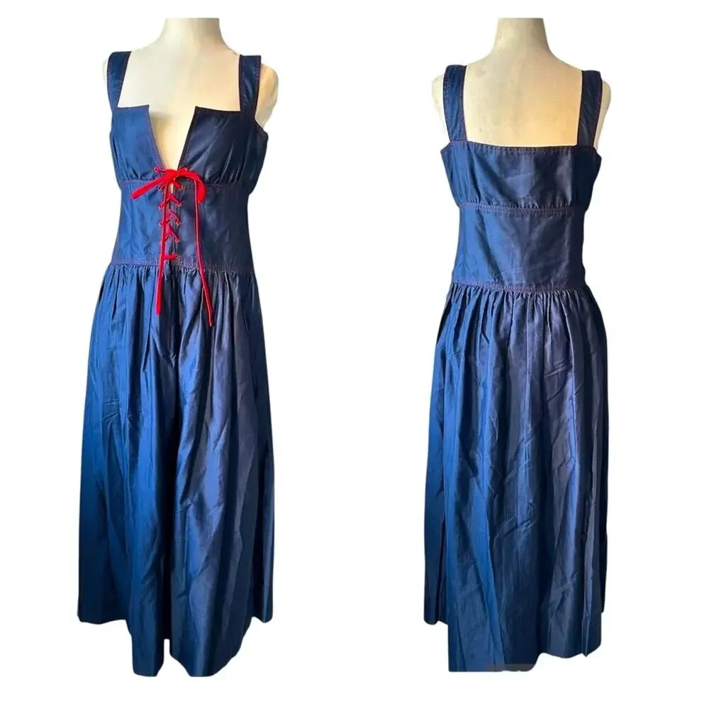 70s Givenchy Navy Dress with Red Lace-Up Corset Empire Bustier Accent - Picture 3 of 11